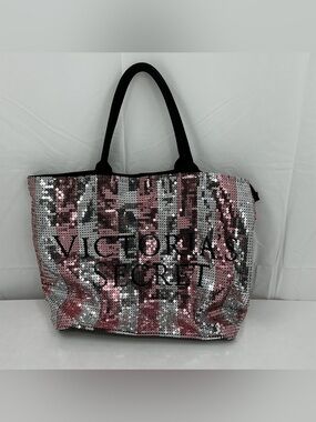 Victoria's Secret Pink and Silver Sequin Tote with Black Handles d25